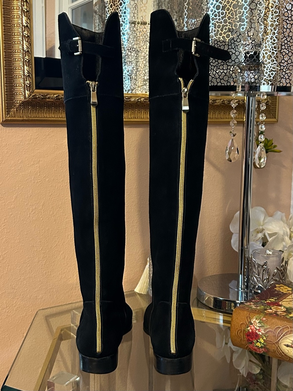 Charles David Black Suede Over the Knee Boots Gold Zipper Detail Size 8